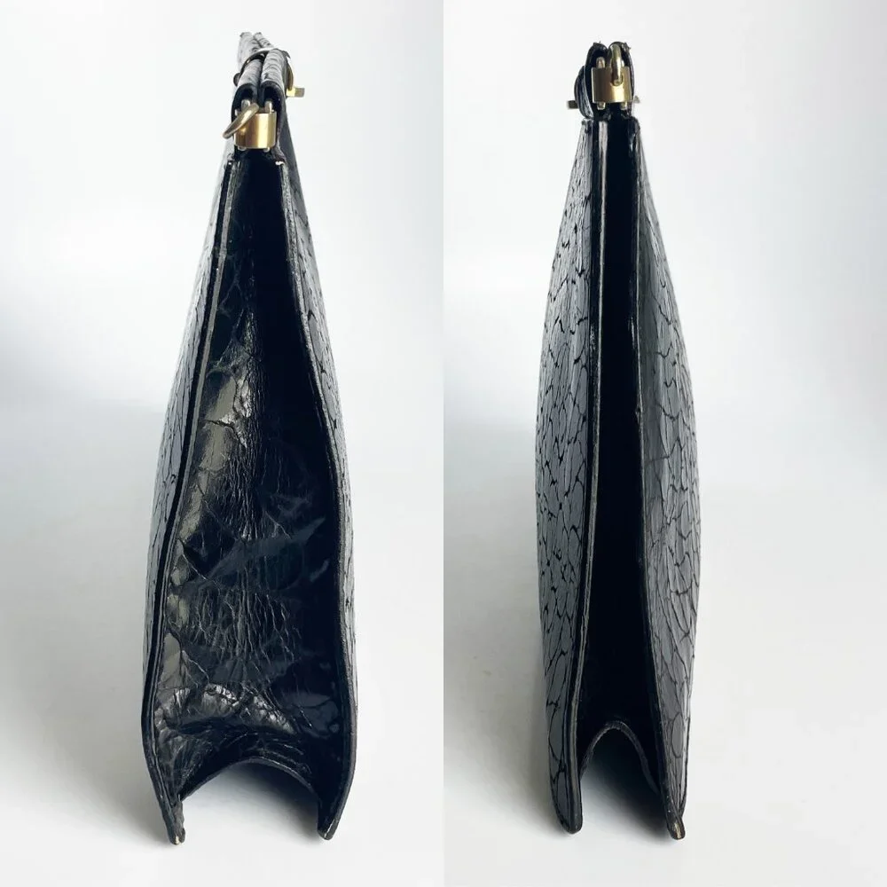 Furla Clutch Bag Black Croc Embossed  Leather Hinged Vintage 70s